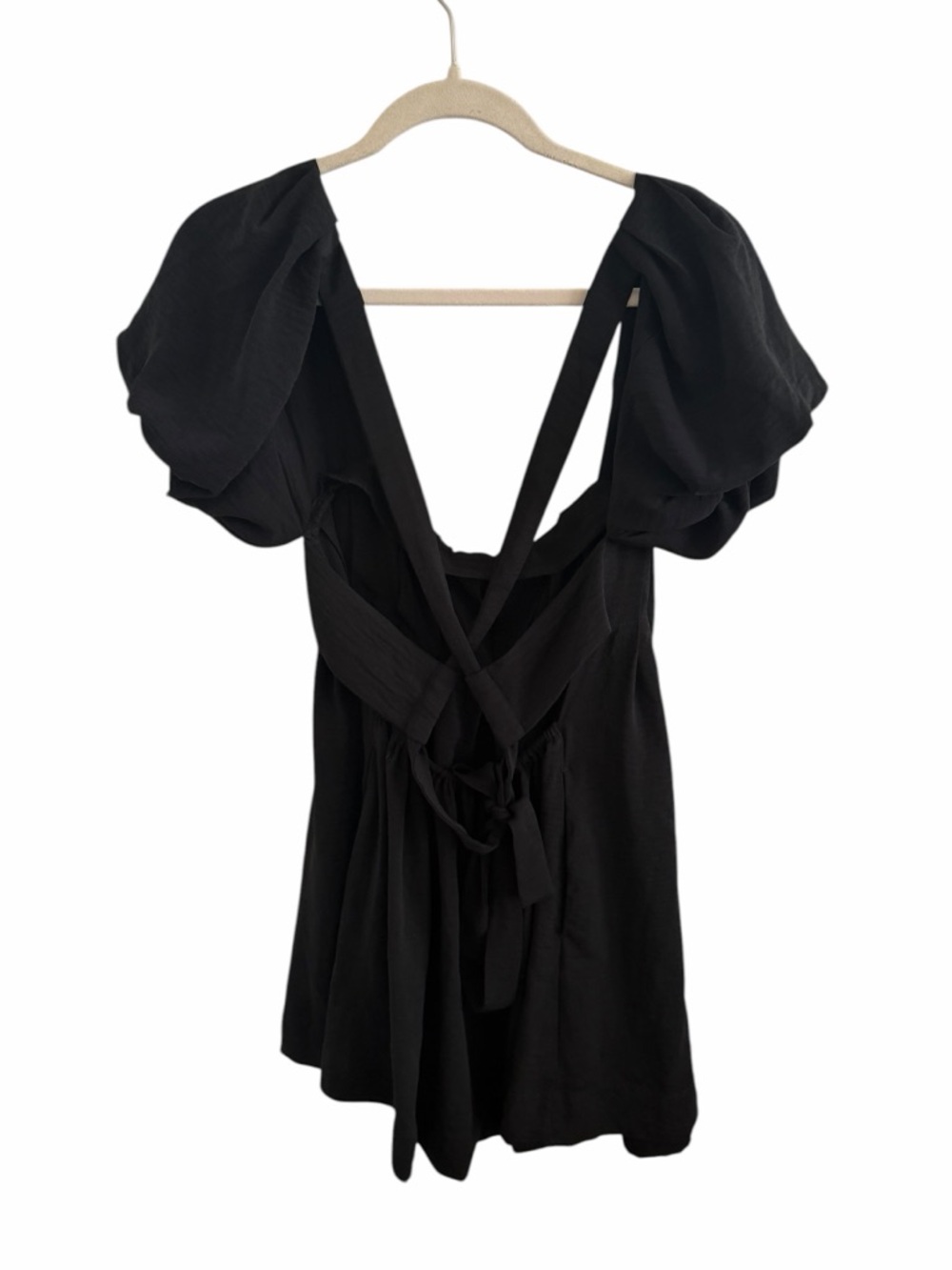 HALARA Black Puff-Sleeve Square-Neck Open Tie Back Mini Dress - Picture 5 of 10